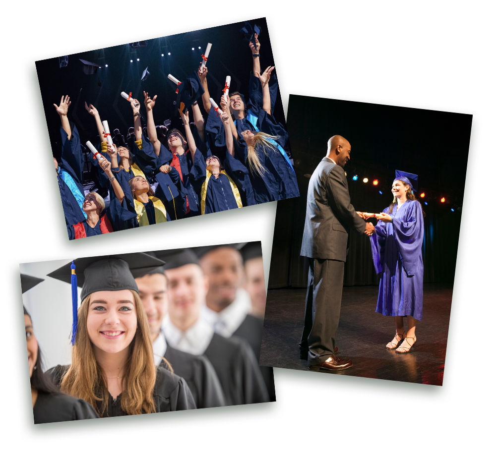 College students at their convocation receiving their diploma and throwing the caps into the air
