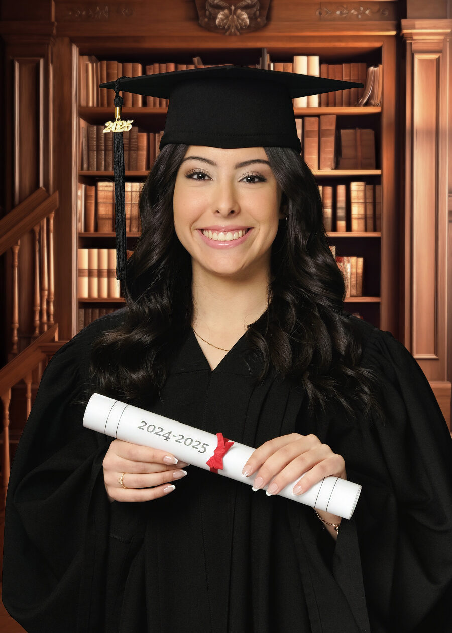 A High School Graduation Portrait of a girl holding a diploma with an old library background