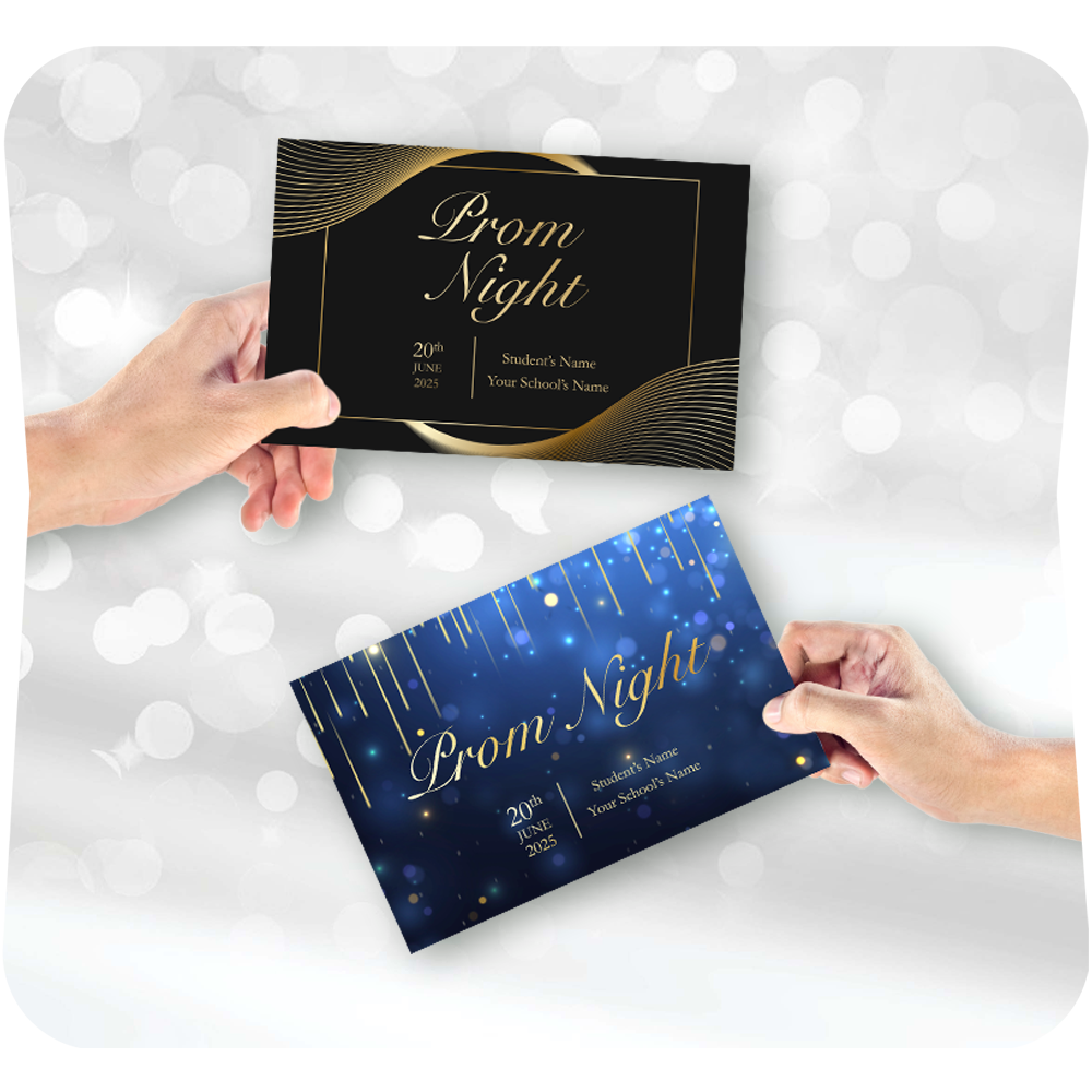 A black and gold prom invitation and a blue and gold prom Invitation created by Studio NanC for high school students