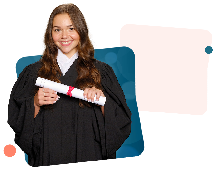 A High School graduation portrait of a young girl happy and holding a diploma.