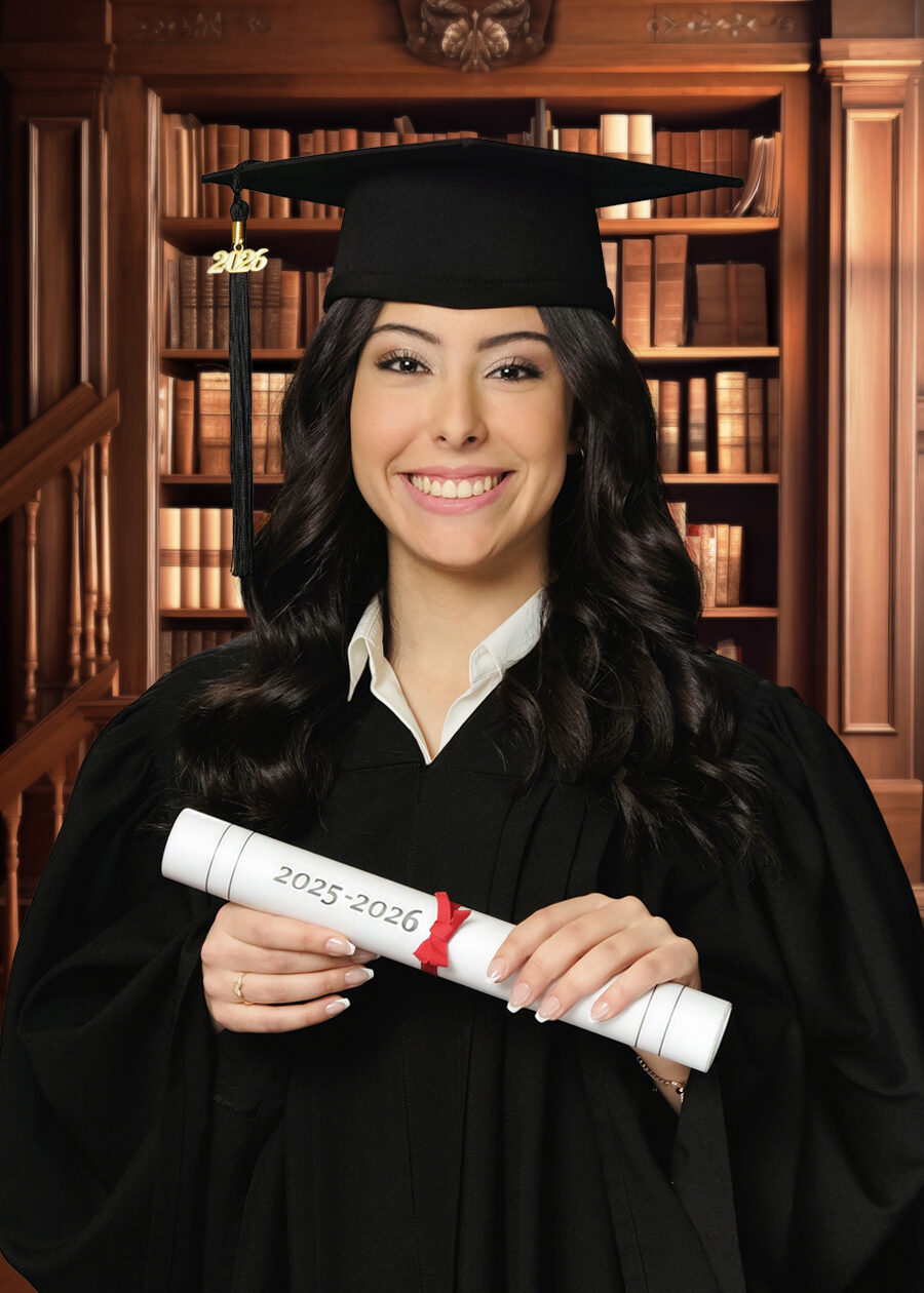 GradPase_Cap_Diploma A High School Graduation Portrait of a girl holding a diploma with an old library background