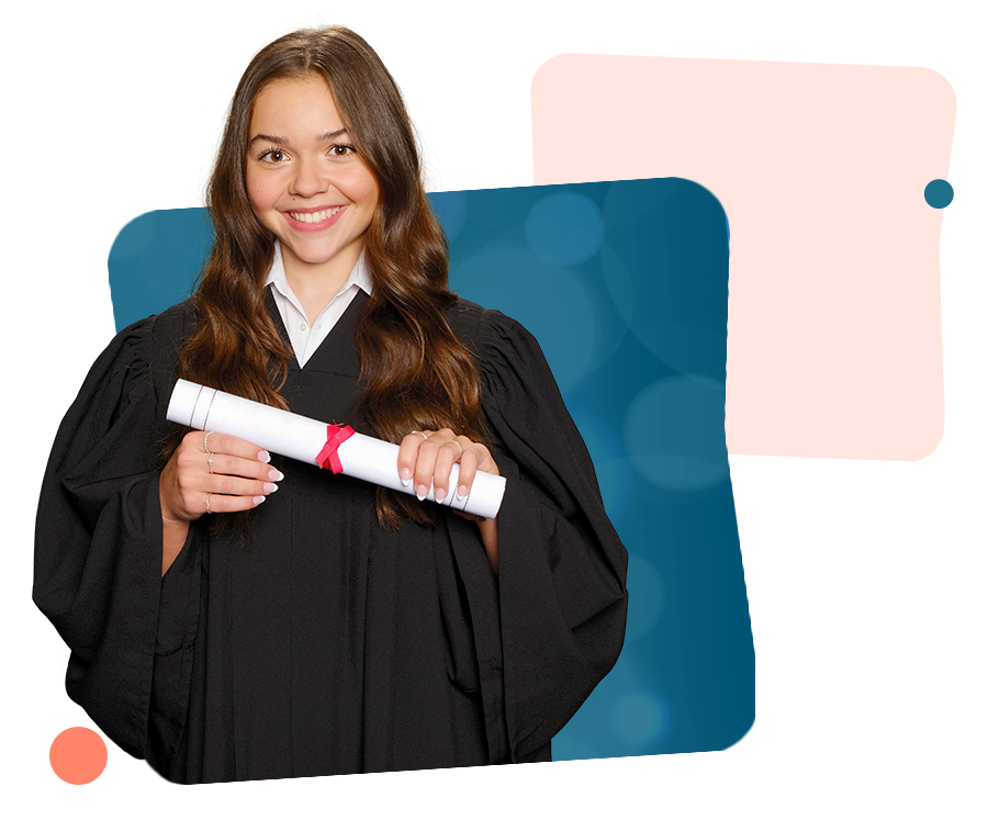A High School graduation portrait of a young girl happy and holding a diploma.